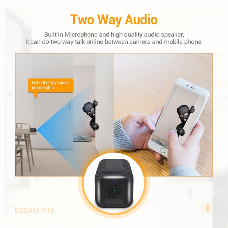 ESCAM G18 1080P Full HD Rechargeable Battery WiFi IP Camera, Support Night Vision / PIR Motion Detection / TF Card / Two Way Audio, G18 ESCAM G18 1080P Full HD Rechargeable Battery WiFi IP Camera, Support Night Vision / PIR Motion Detection / TF Card / Two Way Audio, G18